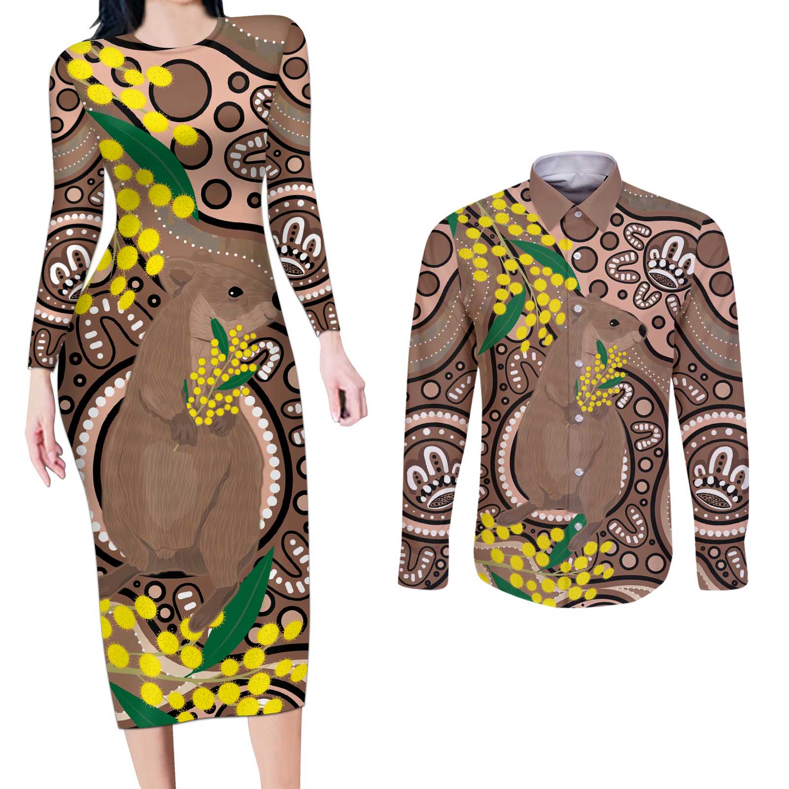 Australia Cute Quokka Couples Matching Long Sleeve Bodycon Dress and Long Sleeve Button Shirt Indigenous Art With Golden Wattle