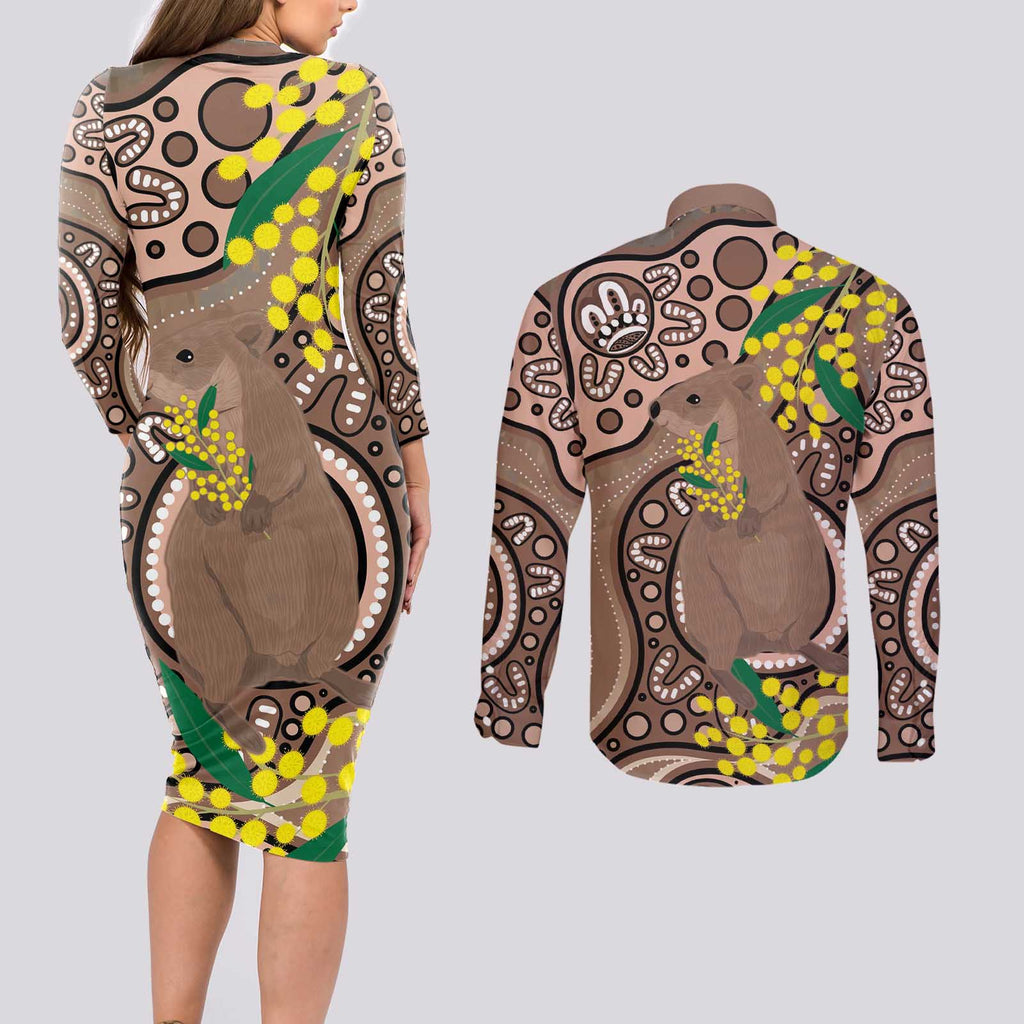 Australia Cute Quokka Couples Matching Long Sleeve Bodycon Dress and Long Sleeve Button Shirt Indigenous Art With Golden Wattle