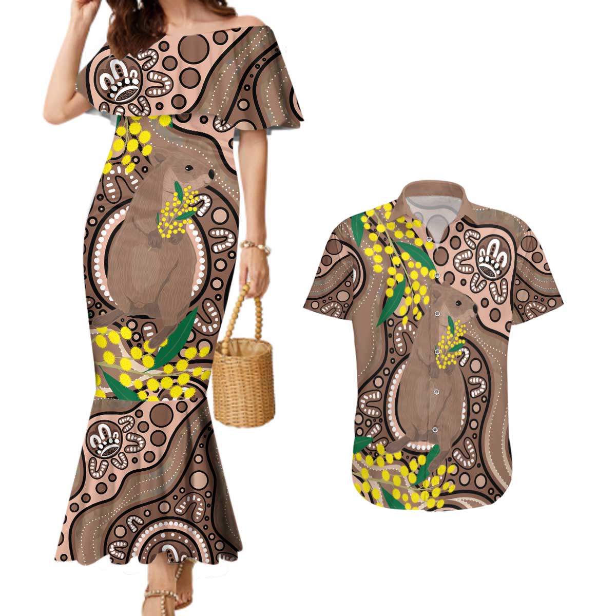Australia Cute Quokka Couples Matching Mermaid Dress and Hawaiian Shirt Indigenous Art With Golden Wattle