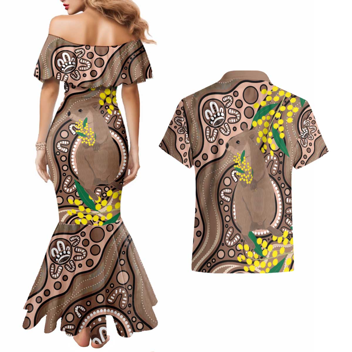 Australia Cute Quokka Couples Matching Mermaid Dress and Hawaiian Shirt Indigenous Art With Golden Wattle