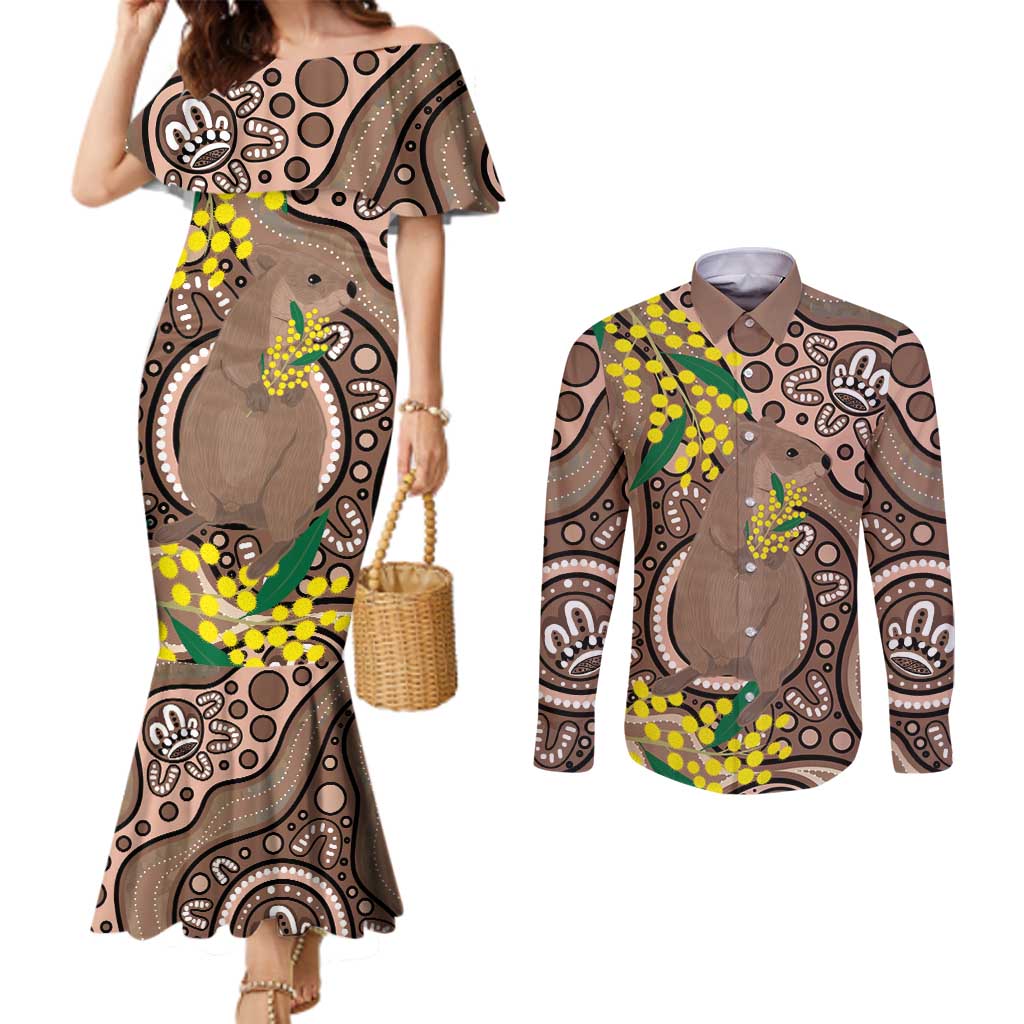 Australia Cute Quokka Couples Matching Mermaid Dress and Long Sleeve Button Shirt Indigenous Art With Golden Wattle