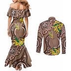 Australia Cute Quokka Couples Matching Mermaid Dress and Long Sleeve Button Shirt Indigenous Art With Golden Wattle