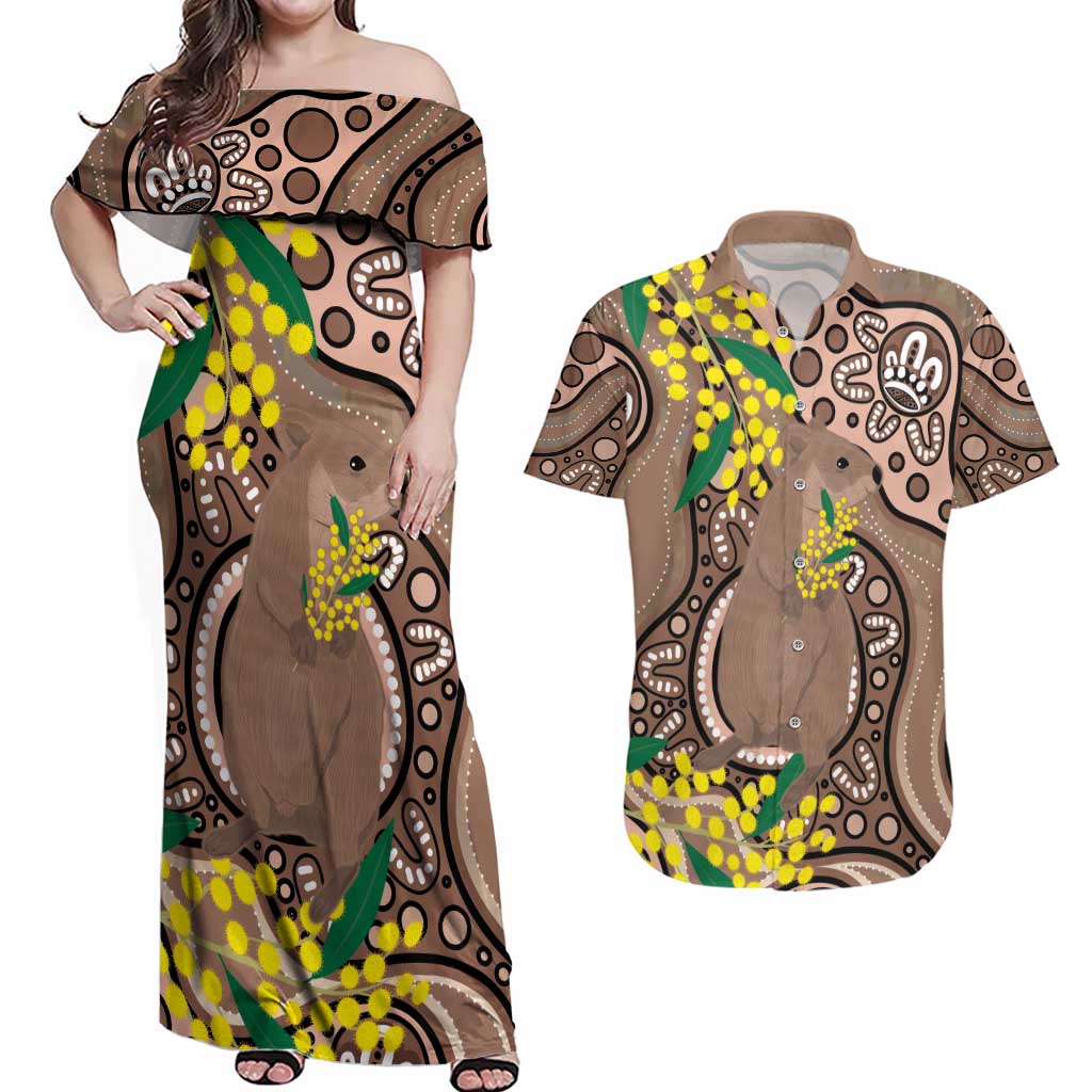 Australia Cute Quokka Couples Matching Off Shoulder Maxi Dress and Hawaiian Shirt Indigenous Art With Golden Wattle