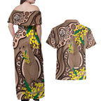 Australia Cute Quokka Couples Matching Off Shoulder Maxi Dress and Hawaiian Shirt Indigenous Art With Golden Wattle