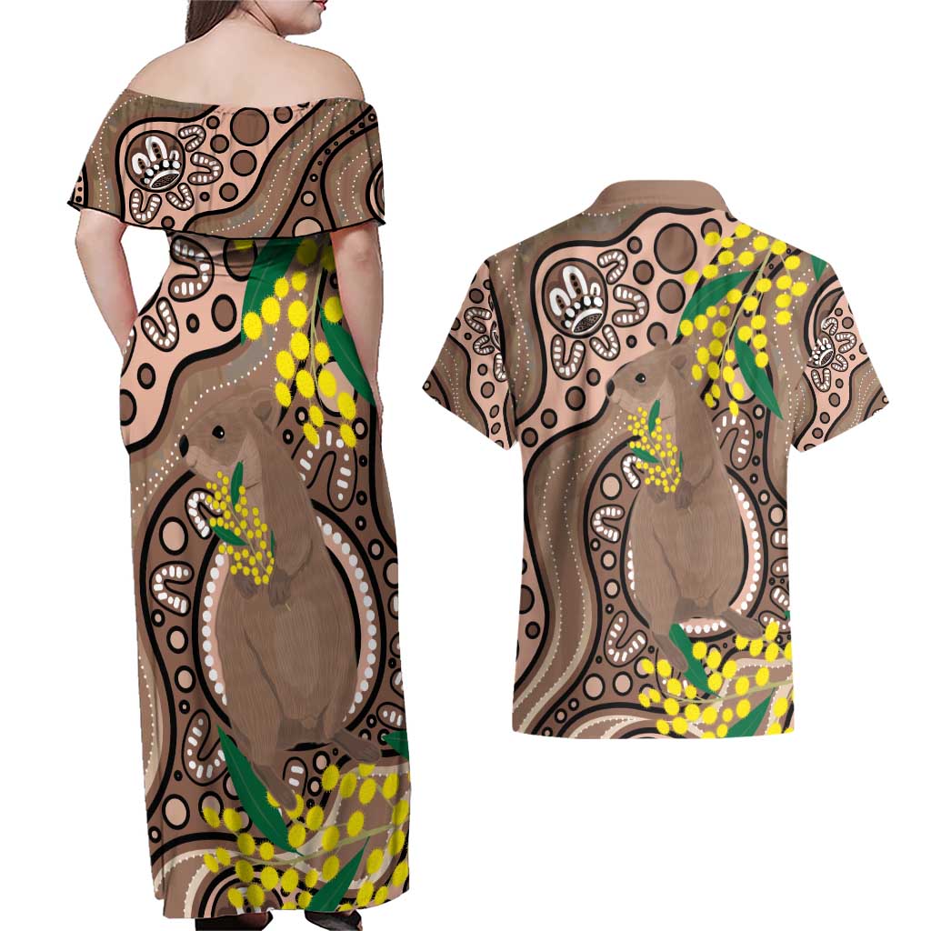 Australia Cute Quokka Couples Matching Off Shoulder Maxi Dress and Hawaiian Shirt Indigenous Art With Golden Wattle