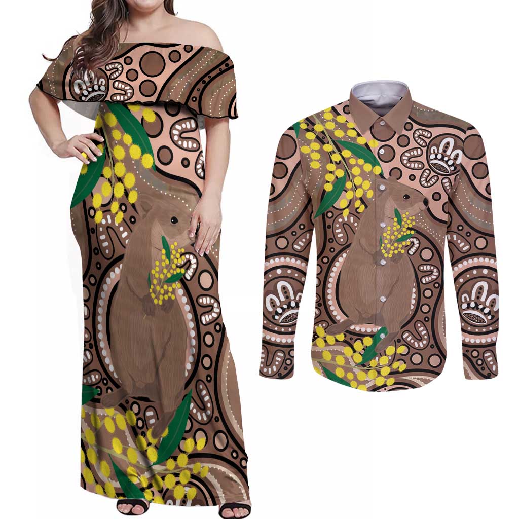Australia Cute Quokka Couples Matching Off Shoulder Maxi Dress and Long Sleeve Button Shirt Indigenous Art With Golden Wattle