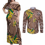 Australia Cute Quokka Couples Matching Off Shoulder Maxi Dress and Long Sleeve Button Shirt Indigenous Art With Golden Wattle