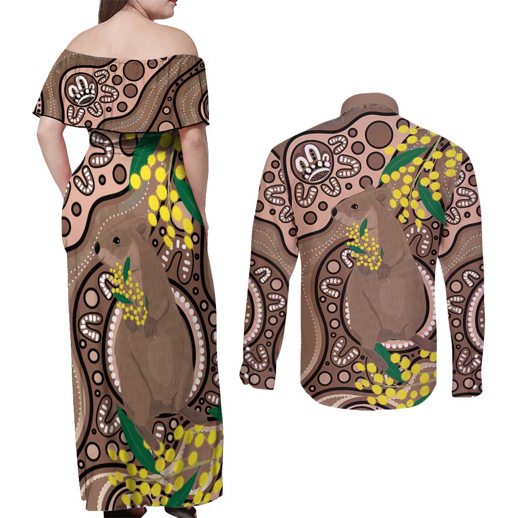 Australia Cute Quokka Couples Matching Off Shoulder Maxi Dress and Long Sleeve Button Shirt Indigenous Art With Golden Wattle