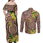 Australia Cute Quokka Couples Matching Off Shoulder Maxi Dress and Long Sleeve Button Shirt Indigenous Art With Golden Wattle