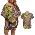 Australia Cute Quokka Couples Matching Off Shoulder Short Dress and Hawaiian Shirt Indigenous Art With Golden Wattle