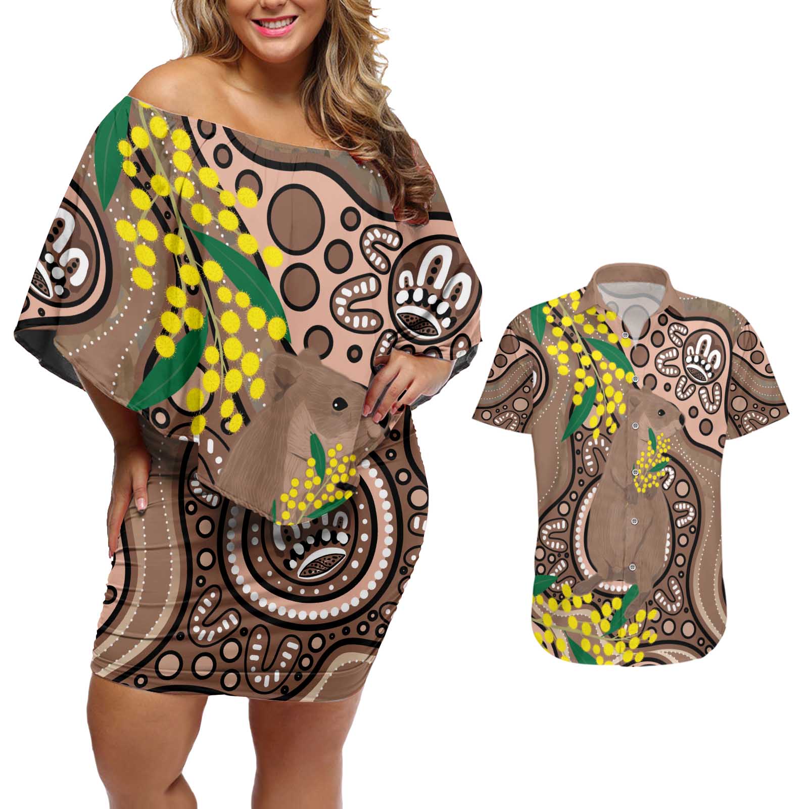 Australia Cute Quokka Couples Matching Off Shoulder Short Dress and Hawaiian Shirt Indigenous Art With Golden Wattle