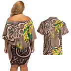 Australia Cute Quokka Couples Matching Off Shoulder Short Dress and Hawaiian Shirt Indigenous Art With Golden Wattle