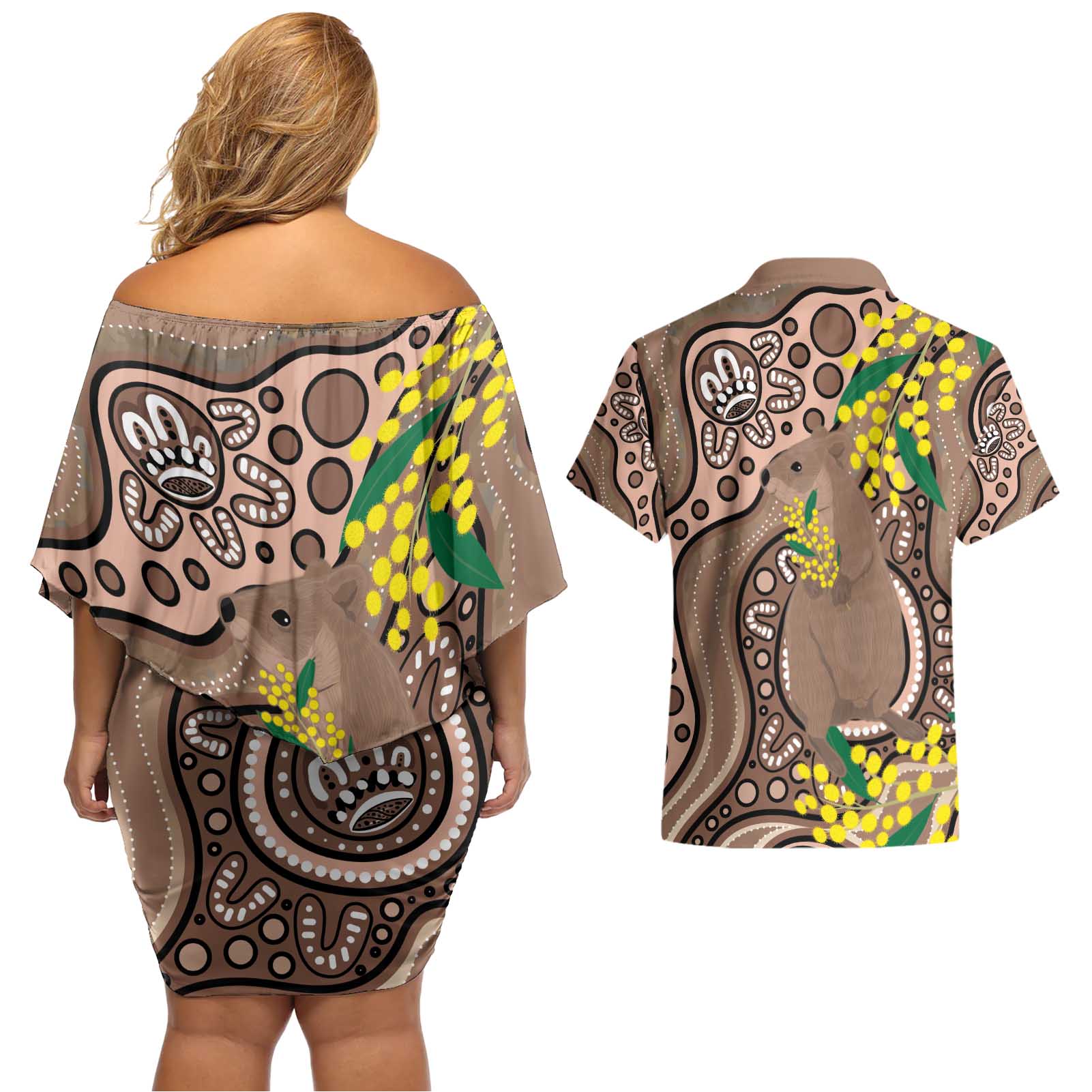 Australia Cute Quokka Couples Matching Off Shoulder Short Dress and Hawaiian Shirt Indigenous Art With Golden Wattle
