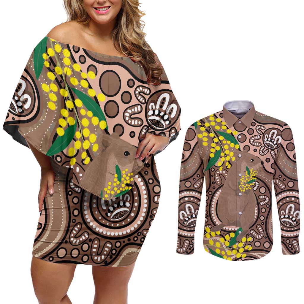 Australia Cute Quokka Couples Matching Off Shoulder Short Dress and Long Sleeve Button Shirt Indigenous Art With Golden Wattle