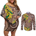 Australia Cute Quokka Couples Matching Off Shoulder Short Dress and Long Sleeve Button Shirt Indigenous Art With Golden Wattle