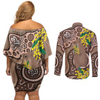 Australia Cute Quokka Couples Matching Off Shoulder Short Dress and Long Sleeve Button Shirt Indigenous Art With Golden Wattle