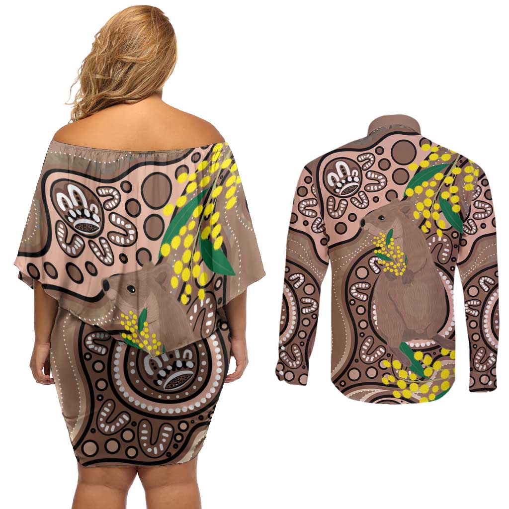 Australia Cute Quokka Couples Matching Off Shoulder Short Dress and Long Sleeve Button Shirt Indigenous Art With Golden Wattle