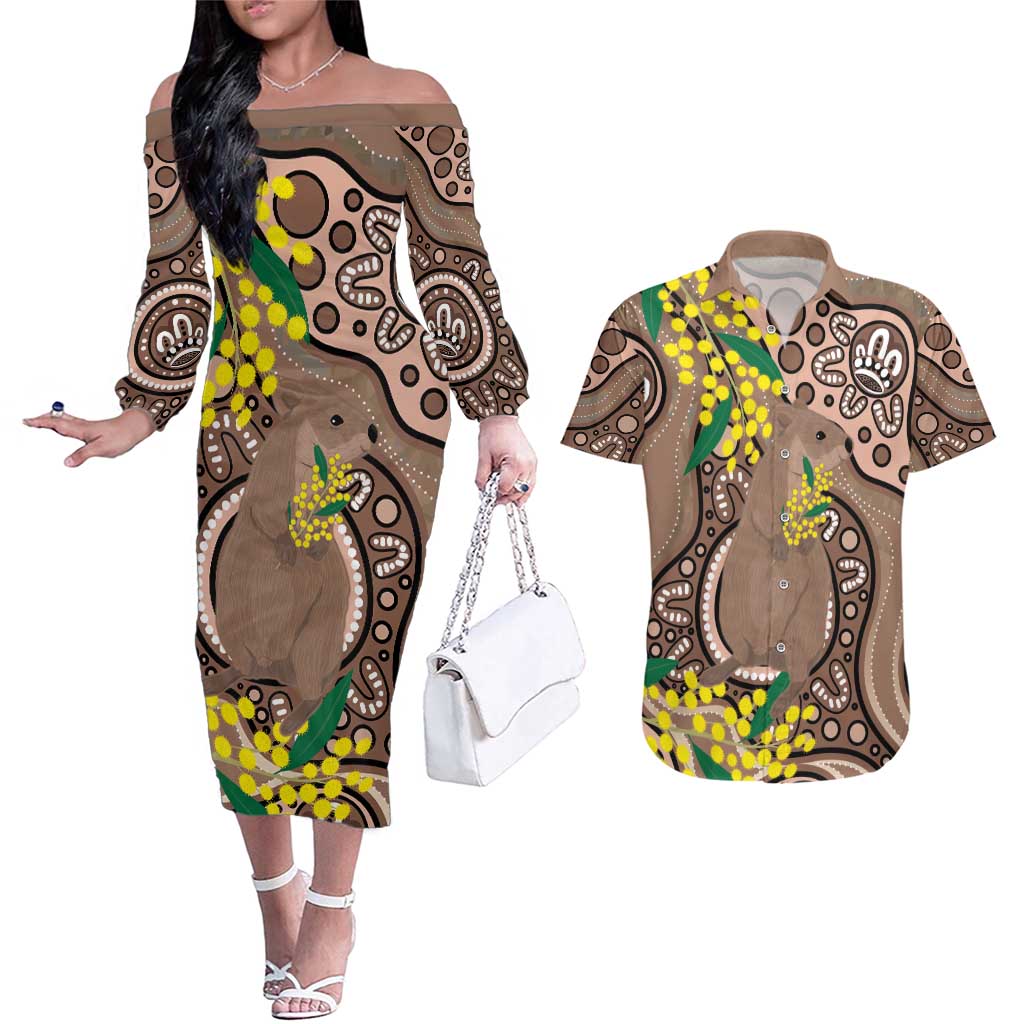 Australia Cute Quokka Couples Matching Off The Shoulder Long Sleeve Dress and Hawaiian Shirt Indigenous Art With Golden Wattle