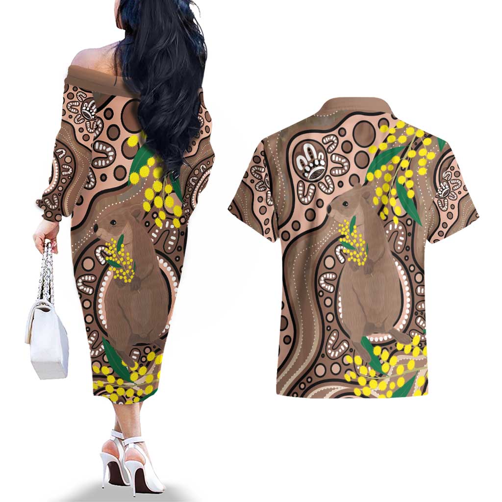 Australia Cute Quokka Couples Matching Off The Shoulder Long Sleeve Dress and Hawaiian Shirt Indigenous Art With Golden Wattle