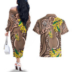 Australia Cute Quokka Couples Matching Off The Shoulder Long Sleeve Dress and Hawaiian Shirt Indigenous Art With Golden Wattle