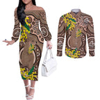 Australia Cute Quokka Couples Matching Off The Shoulder Long Sleeve Dress and Long Sleeve Button Shirt Indigenous Art With Golden Wattle