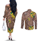 Australia Cute Quokka Couples Matching Off The Shoulder Long Sleeve Dress and Long Sleeve Button Shirt Indigenous Art With Golden Wattle