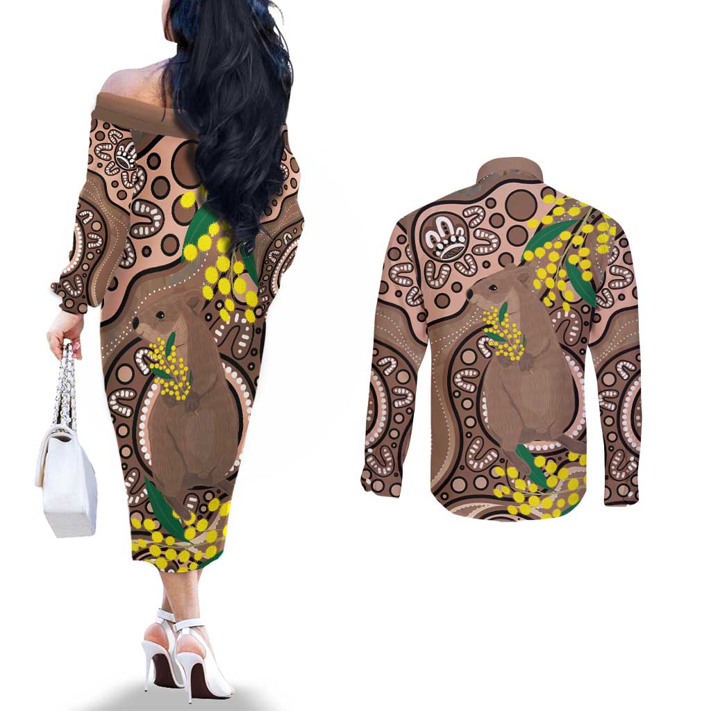 Australia Cute Quokka Couples Matching Off The Shoulder Long Sleeve Dress and Long Sleeve Button Shirt Indigenous Art With Golden Wattle