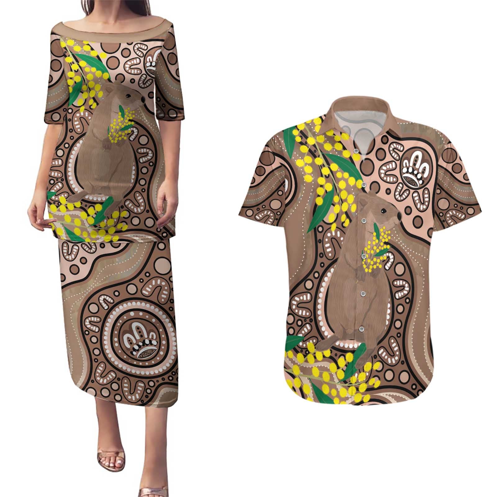 Australia Cute Quokka Couples Matching Puletasi and Hawaiian Shirt Indigenous Art With Golden Wattle