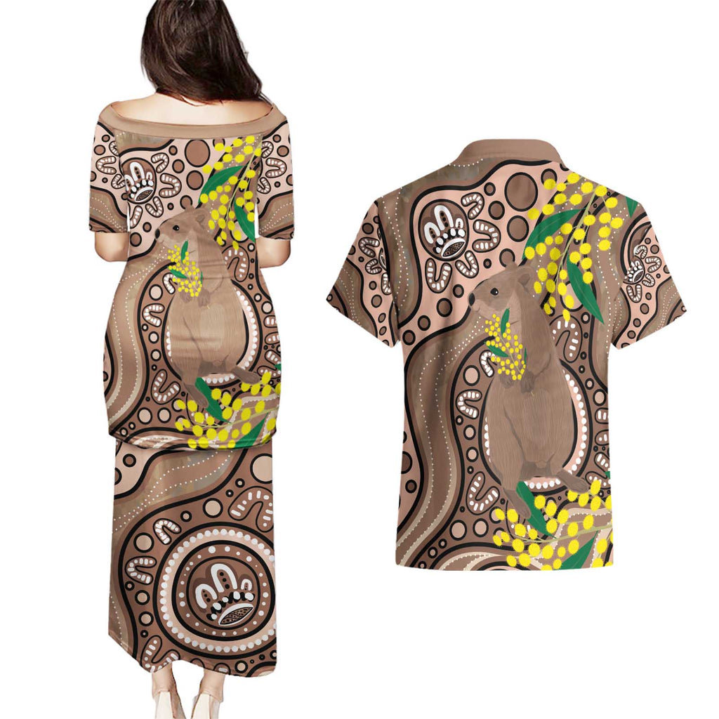 Australia Cute Quokka Couples Matching Puletasi and Hawaiian Shirt Indigenous Art With Golden Wattle