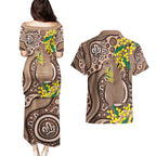 Australia Cute Quokka Couples Matching Puletasi and Hawaiian Shirt Indigenous Art With Golden Wattle