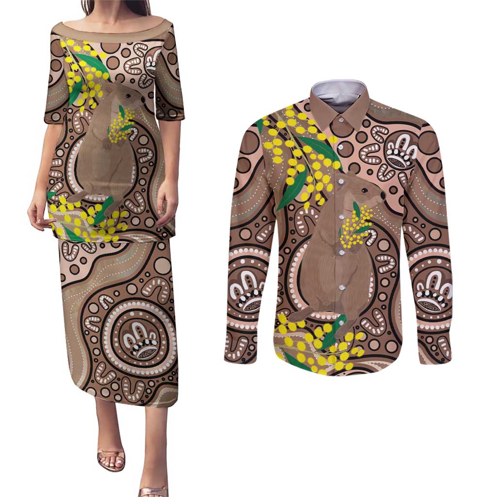 Australia Cute Quokka Couples Matching Puletasi and Long Sleeve Button Shirt Indigenous Art With Golden Wattle