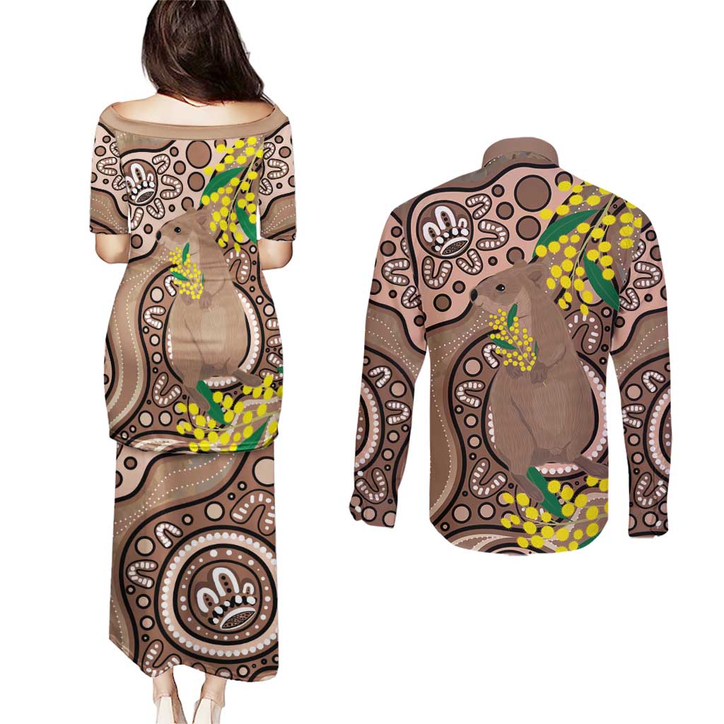 Australia Cute Quokka Couples Matching Puletasi and Long Sleeve Button Shirt Indigenous Art With Golden Wattle