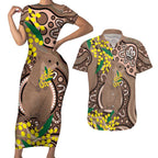 Australia Cute Quokka Couples Matching Short Sleeve Bodycon Dress and Hawaiian Shirt Indigenous Art With Golden Wattle