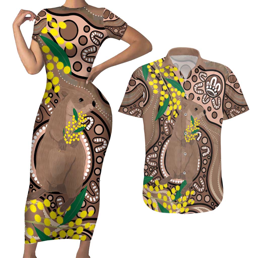 Australia Cute Quokka Couples Matching Short Sleeve Bodycon Dress and Hawaiian Shirt Indigenous Art With Golden Wattle