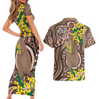 Australia Cute Quokka Couples Matching Short Sleeve Bodycon Dress and Hawaiian Shirt Indigenous Art With Golden Wattle