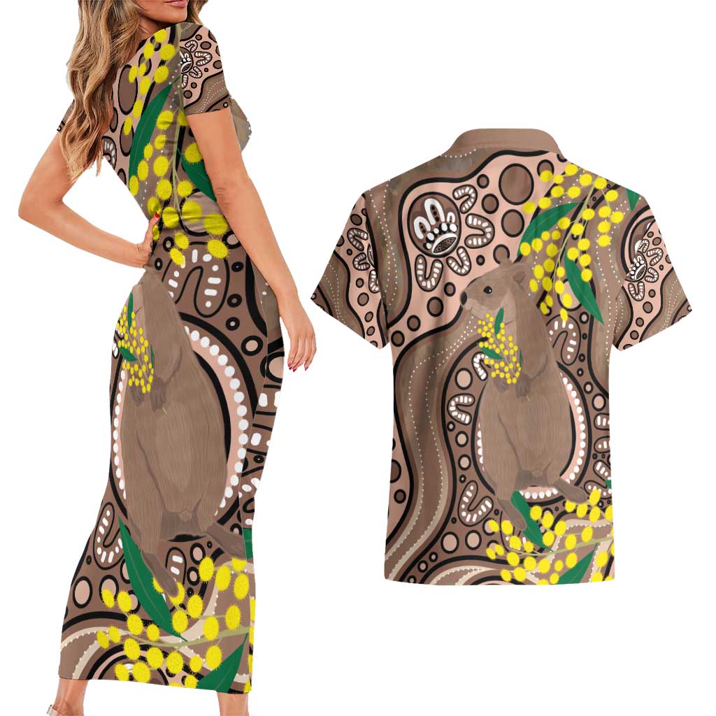 Australia Cute Quokka Couples Matching Short Sleeve Bodycon Dress and Hawaiian Shirt Indigenous Art With Golden Wattle