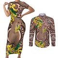 Australia Cute Quokka Couples Matching Short Sleeve Bodycon Dress and Long Sleeve Button Shirt Indigenous Art With Golden Wattle