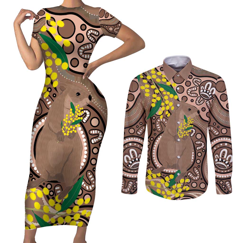 Australia Cute Quokka Couples Matching Short Sleeve Bodycon Dress and Long Sleeve Button Shirt Indigenous Art With Golden Wattle