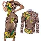 Australia Cute Quokka Couples Matching Short Sleeve Bodycon Dress and Long Sleeve Button Shirt Indigenous Art With Golden Wattle