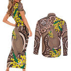 Australia Cute Quokka Couples Matching Short Sleeve Bodycon Dress and Long Sleeve Button Shirt Indigenous Art With Golden Wattle