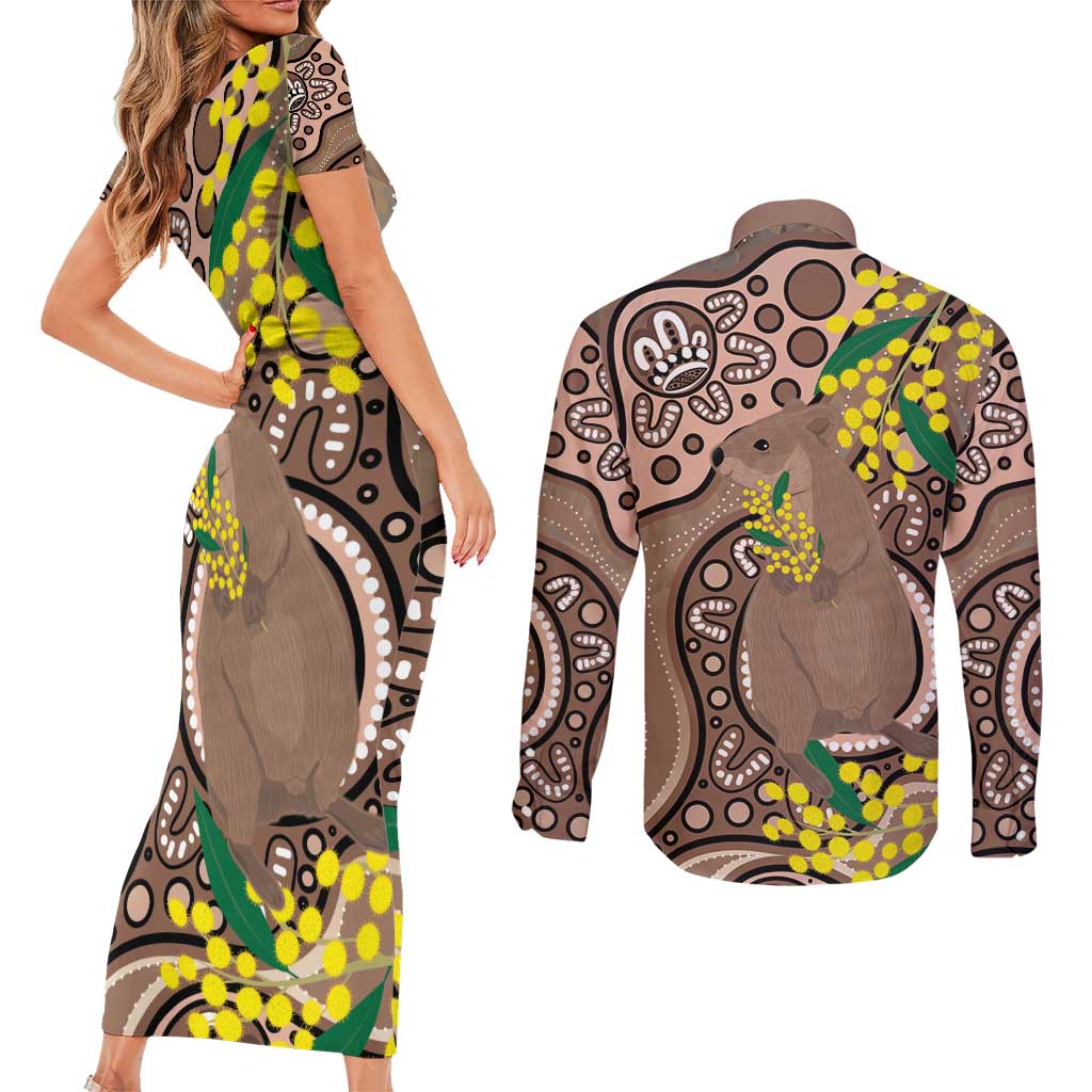 Australia Cute Quokka Couples Matching Short Sleeve Bodycon Dress and Long Sleeve Button Shirt Indigenous Art With Golden Wattle