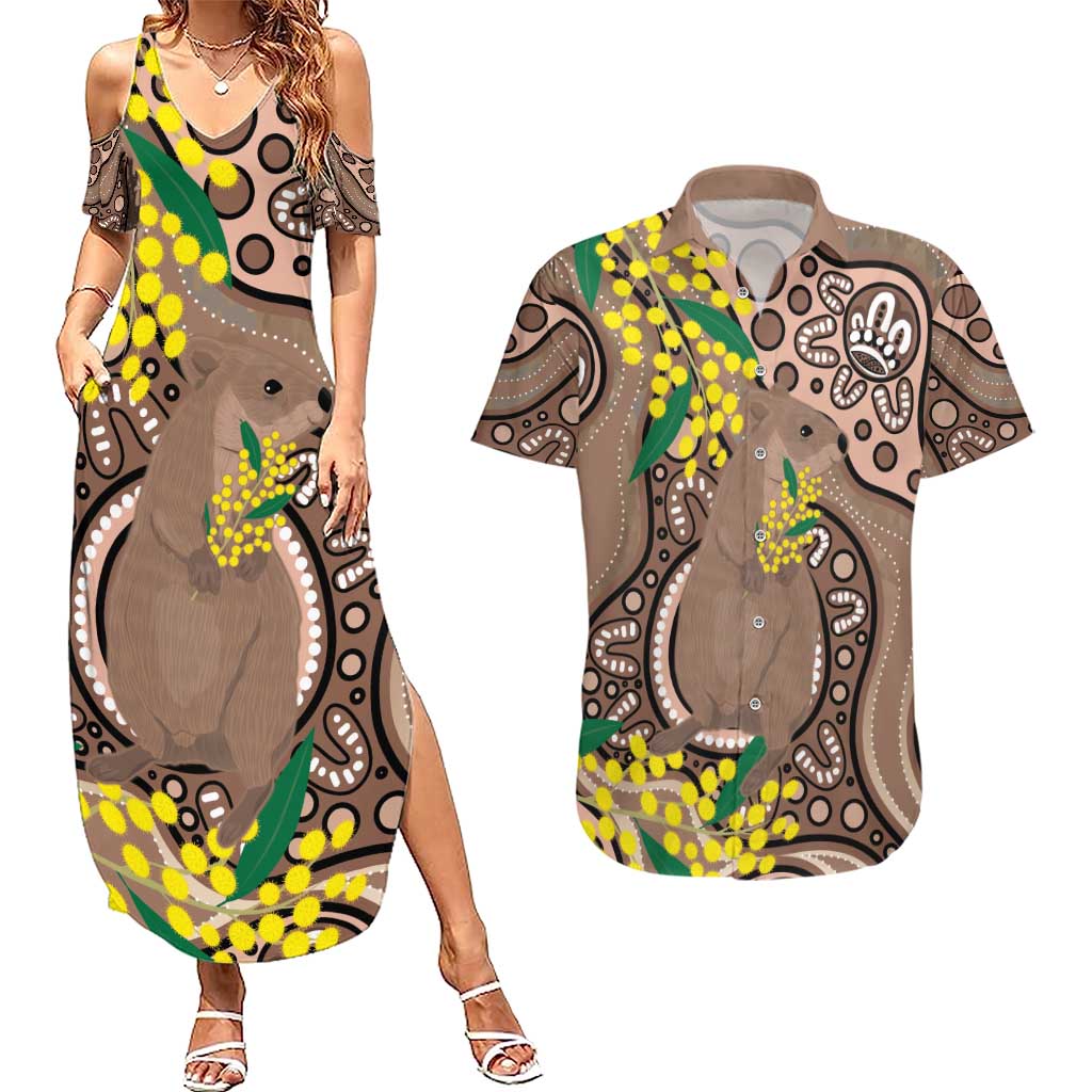 Australia Cute Quokka Couples Matching Summer Maxi Dress and Hawaiian Shirt Indigenous Art With Golden Wattle
