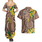 Australia Cute Quokka Couples Matching Summer Maxi Dress and Hawaiian Shirt Indigenous Art With Golden Wattle