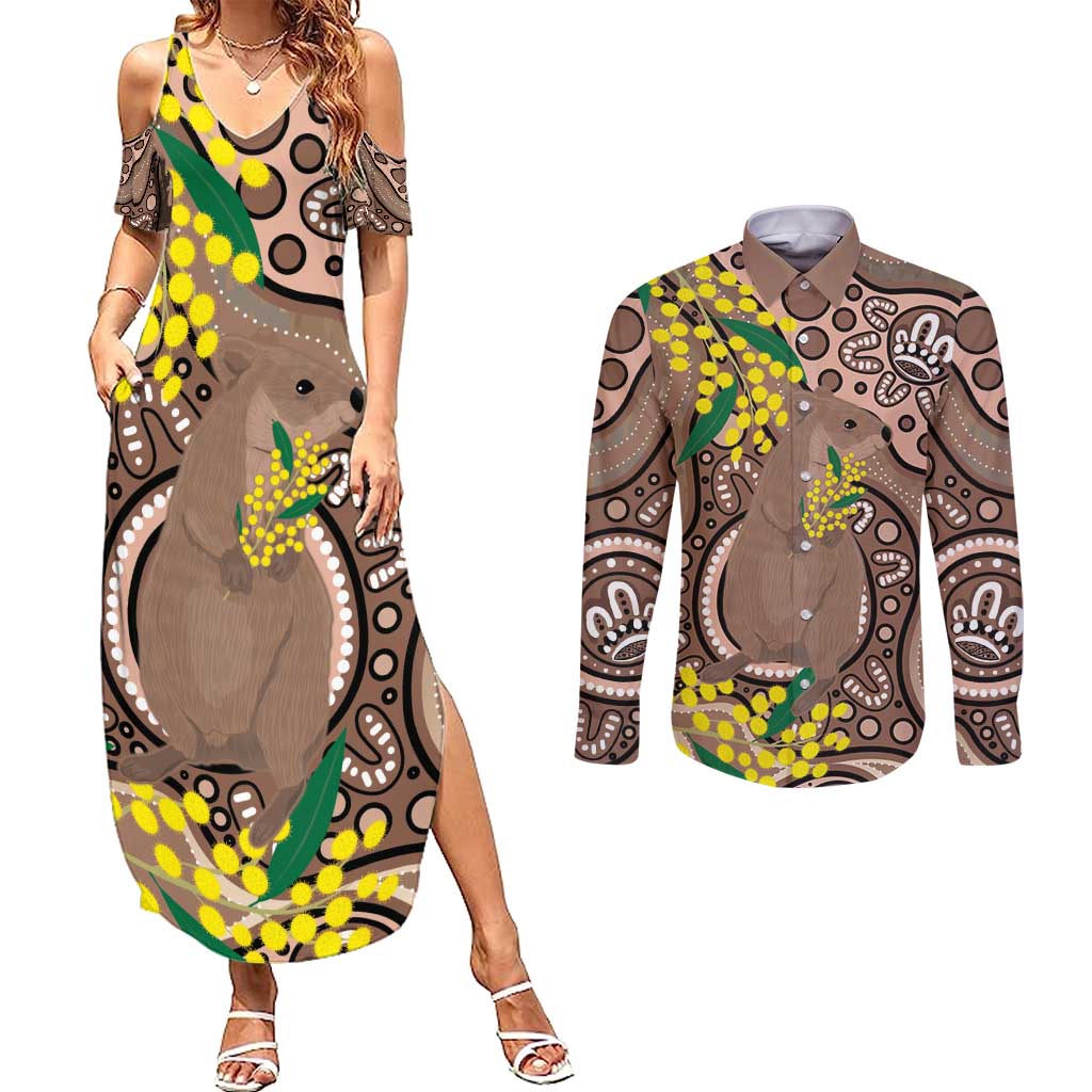Australia Cute Quokka Couples Matching Summer Maxi Dress and Long Sleeve Button Shirt Indigenous Art With Golden Wattle