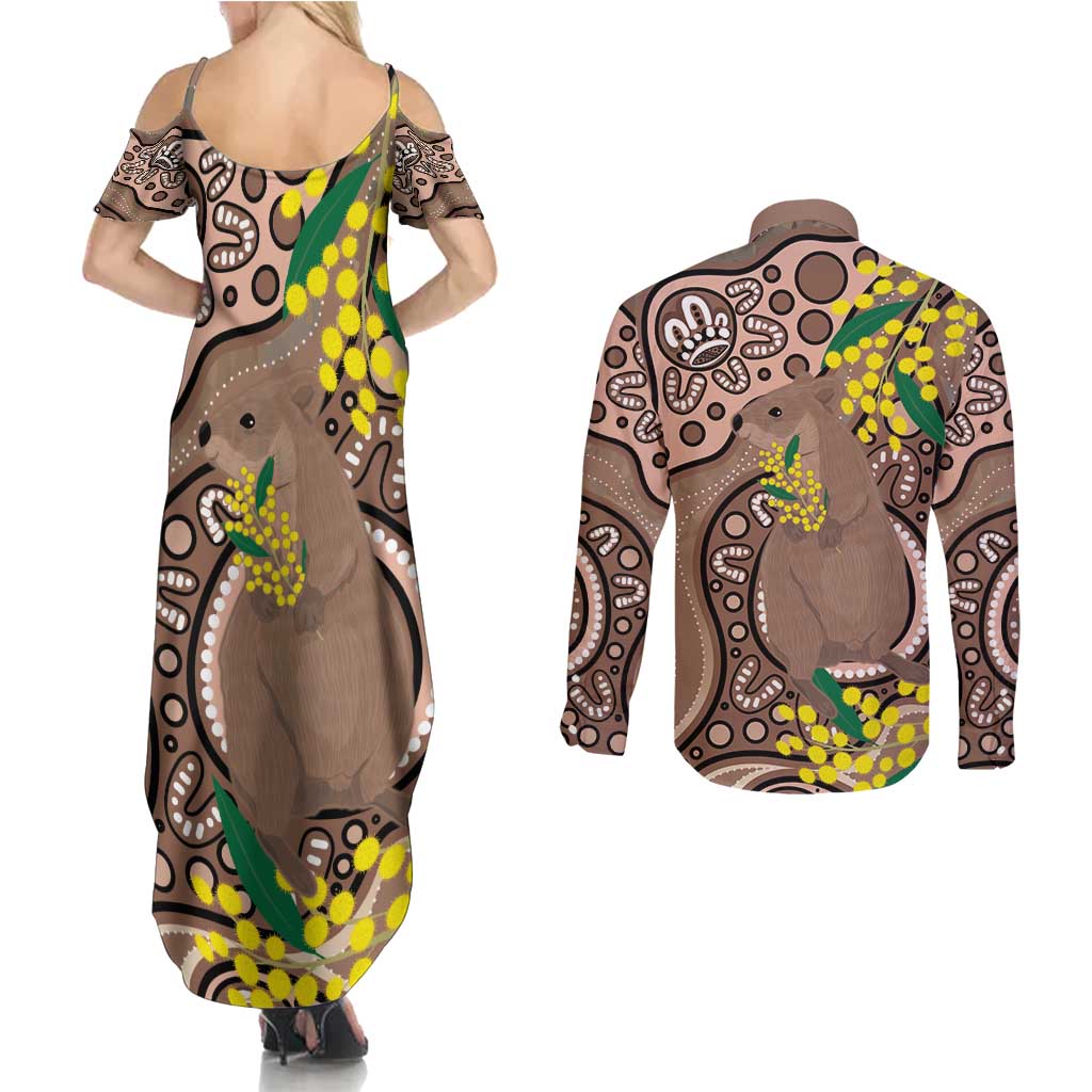 Australia Cute Quokka Couples Matching Summer Maxi Dress and Long Sleeve Button Shirt Indigenous Art With Golden Wattle
