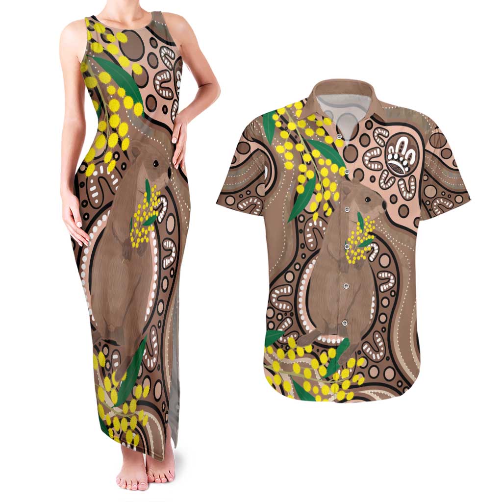 Australia Cute Quokka Couples Matching Tank Maxi Dress and Hawaiian Shirt Indigenous Art With Golden Wattle