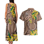 Australia Cute Quokka Couples Matching Tank Maxi Dress and Hawaiian Shirt Indigenous Art With Golden Wattle