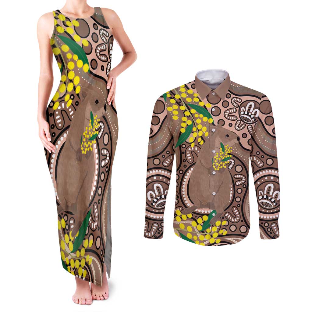 Australia Cute Quokka Couples Matching Tank Maxi Dress and Long Sleeve Button Shirt Indigenous Art With Golden Wattle