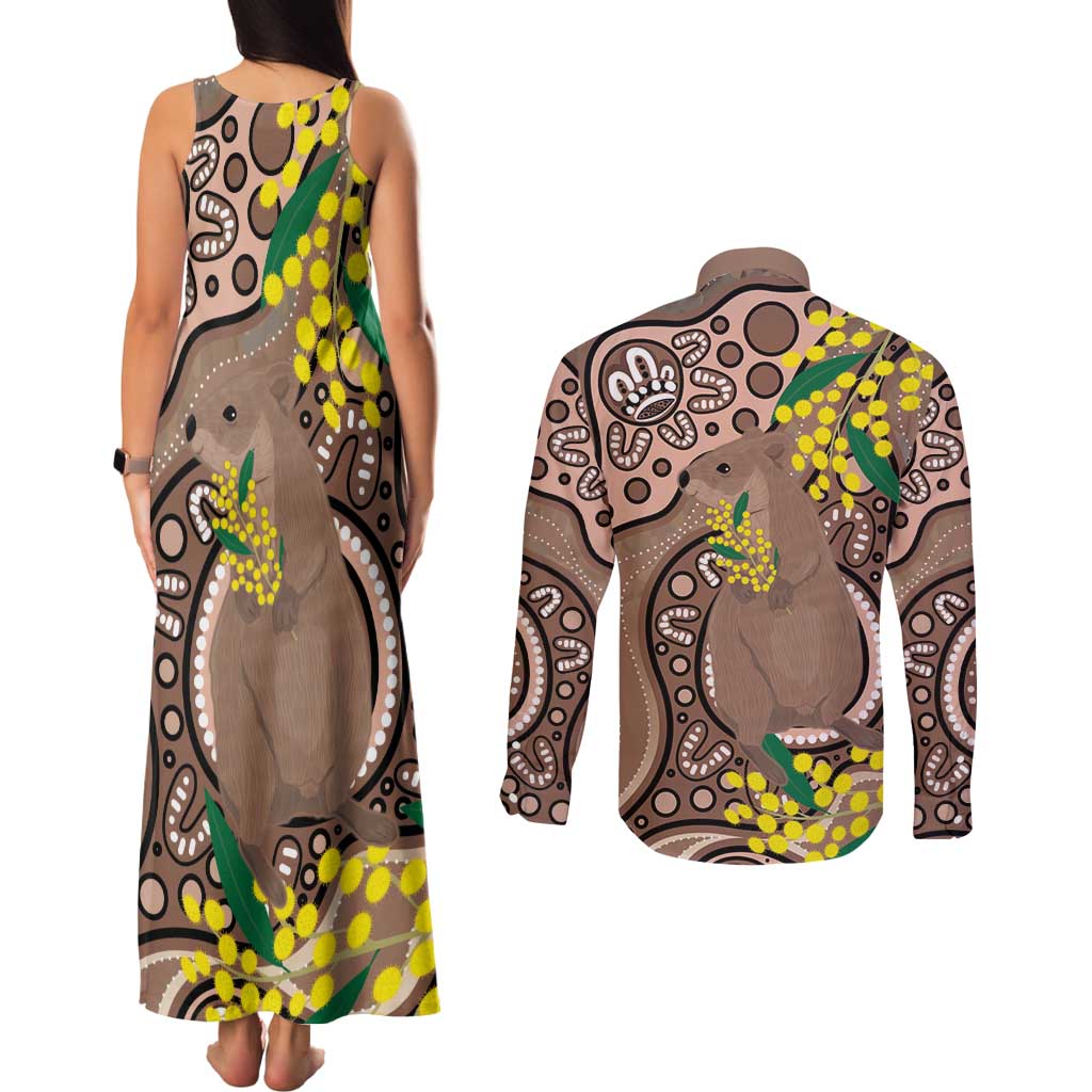 Australia Cute Quokka Couples Matching Tank Maxi Dress and Long Sleeve Button Shirt Indigenous Art With Golden Wattle