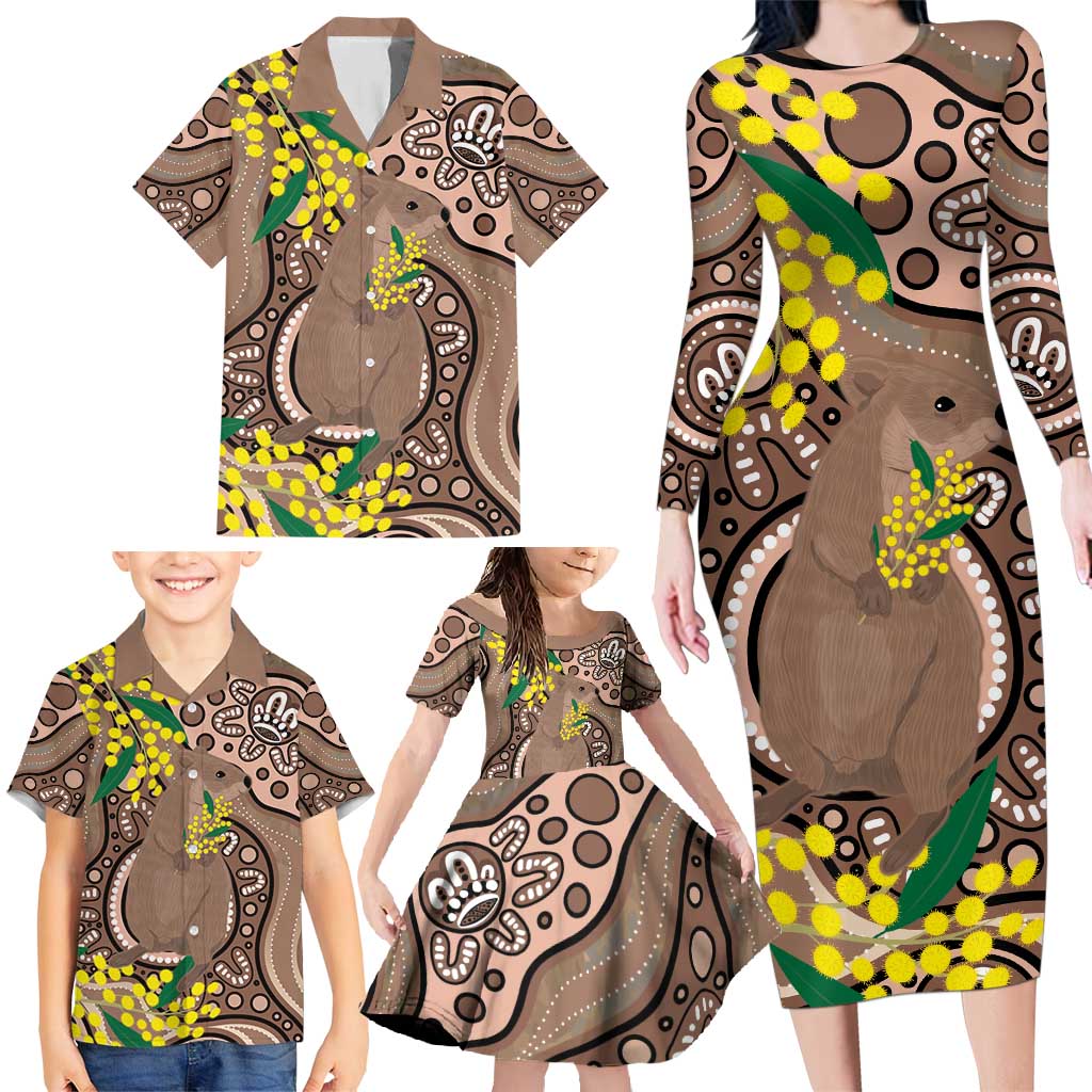 Australia Cute Quokka Family Matching Long Sleeve Bodycon Dress and Hawaiian Shirt Indigenous Art With Golden Wattle